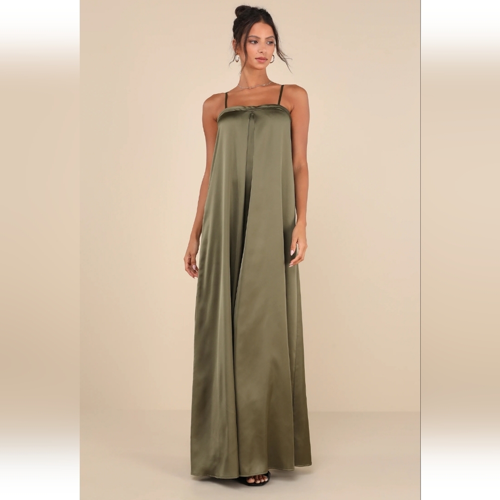 LuLus - Modern Poise Olive Green Satin Pleated Sleeveless Maxi Dress